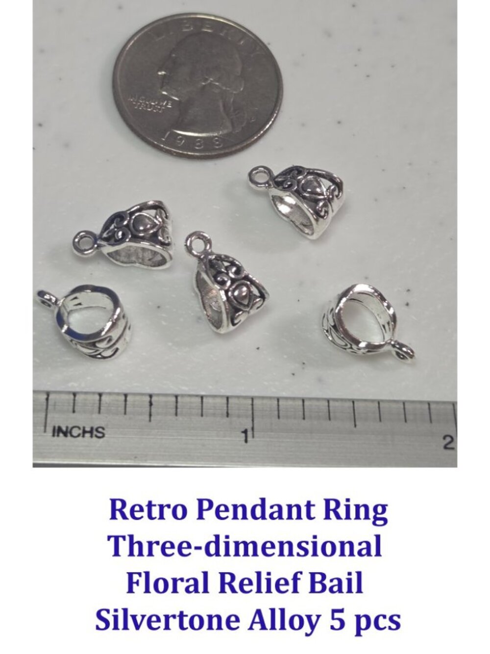 Retro Pendant Ring - Three-dimensional Floral Relief Bail In Silvertone Alloy 5